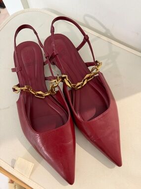 Pointed Burgundy Slingback Mules with Gold Chain Accent